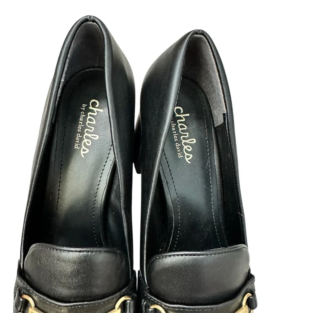 CHARLES DAVID Amity LoaferStyle BlockHeel Black Pump Gold Hardware PointedToe 9M